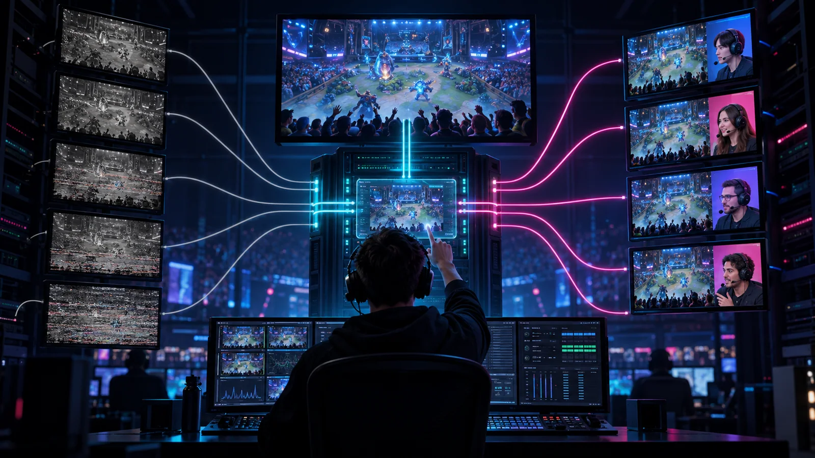 A technician routes one verified tournament feed into authorized language channels.
